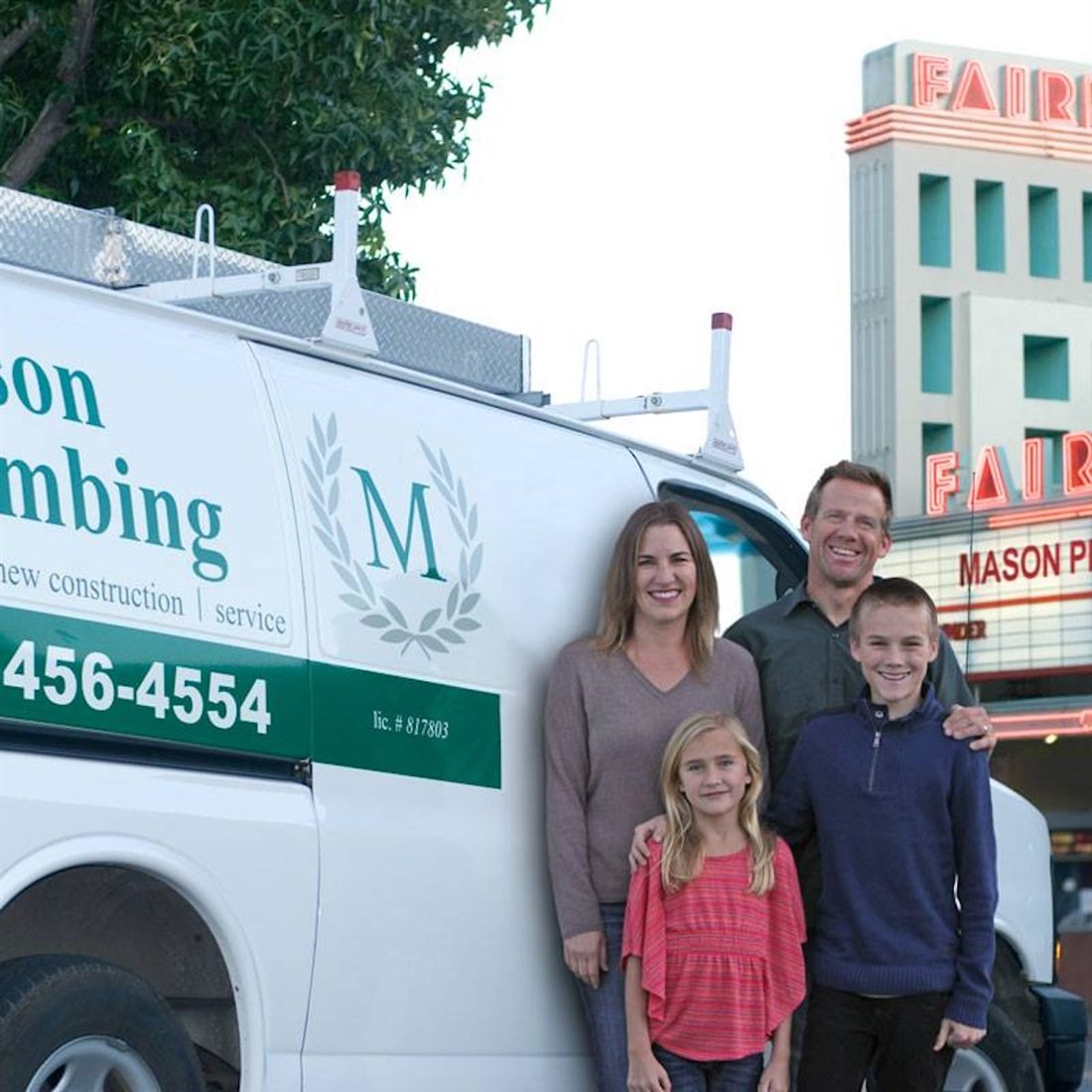 Cameron Mason and family with the Mason Plumbing van